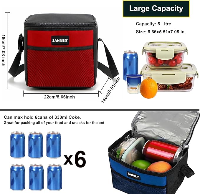 6 Can/5L Lunch Bag for Women Men Portable Lunch Box Small Cooler Bag Soft Collapsible Reusable Insulated Lunch Tote for Everyday Work Travel (Red)