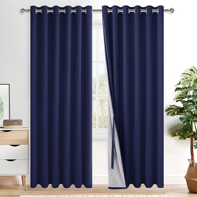 XWZO 100% Blackout Curtains 2 Panels with Tiebacks- Heat and Full Light Blocking Window Panels with Grommets for Bedroom, 84 Inches Long Thermal Insulated Draperies, Navy Blue, W70 x L84, Set of 2