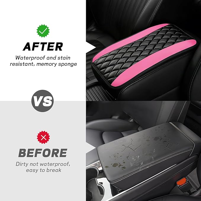 Car Center Console Cushion Pad, 12.72"×7.52" Leather Waterproof Auto Armrest Seat Box Protector, Car Center Console Cover, Universal Interior Decor Car Accessories for SUV Truck (Pink)