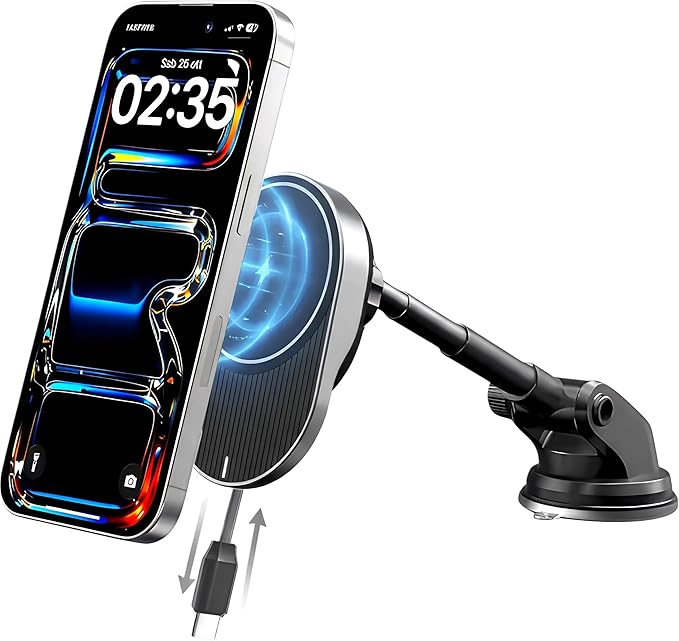 IJS Magnetic Wireless Car Charger with Built-in Retractable Cable – Extendable Windshield & Dashboard Phone Mount – 15W Magsafe Compatible – Fast Charging for iPhone 17/16/15/14/13/12, Samsung, Pixel