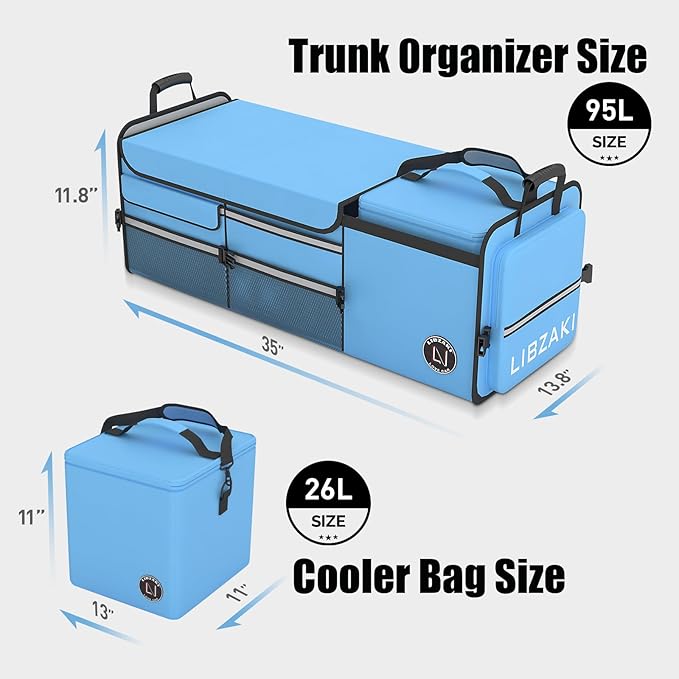 LIBZAKI Oversize 4 in 1 Car Trunk Storage Organizer, Multi Compartment Collapsible Trunk Storage Box with Cooler Bag for Car Truck SUV-Light Blue