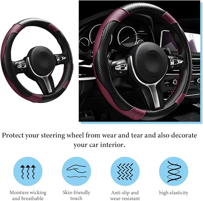 Car Steering Wheel Cover, 15 Inch Anti-Slip Stretch Leather Steering Wheel Protector, Comfortable Breathable Sporty Steering Wheel Cover for Women Men, Car Accessories (Wine Red)