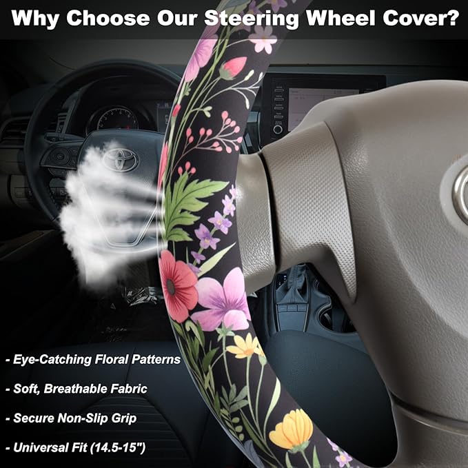 Wildflower Bloom Steering Wheel Cover for 14.5-15 Inch (37-38 cm) Wheels, Premium Fabric with Non-Slip Rubber Inner Ring (Wildflower Bloom)