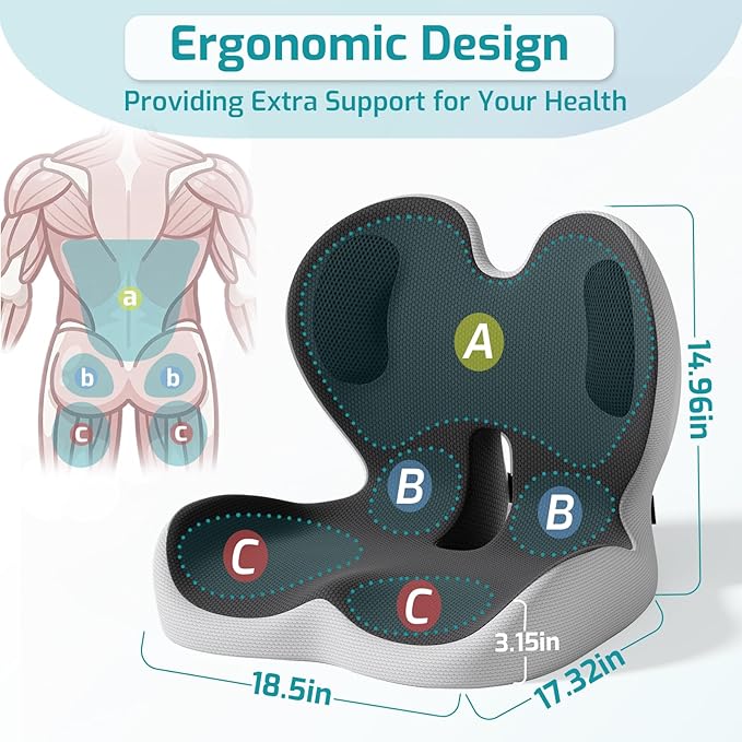 Ergonomic Seat Cushion,Office Chair Cushion with Lumbar Support Pillow,Car Orthopedic Seat Cushions,Designed for Sciatica,Tailbone,Back Pain Relief,for Office,Car,Truck,Home,Desk Chair