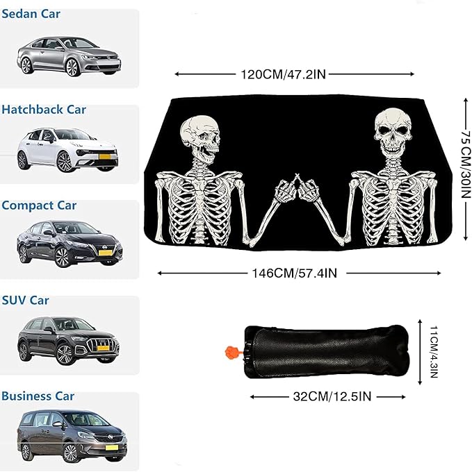 Socira Funny Skull Car Sun Shade Windshield Sunshade Umbrella Foldable Gothic Umbrella Sun Shade Sunshade Front Window Cover Skull Car Accessories Blocks Uv Rays 57" X 30"