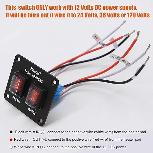 Facon 12Volts Switch Box Panel, 20Amps Rocket On&Off Switch with Red Indicator Light for RV Tank System, IP66 Waterproof Control Gang Kit System for RV Tank Heating Pad