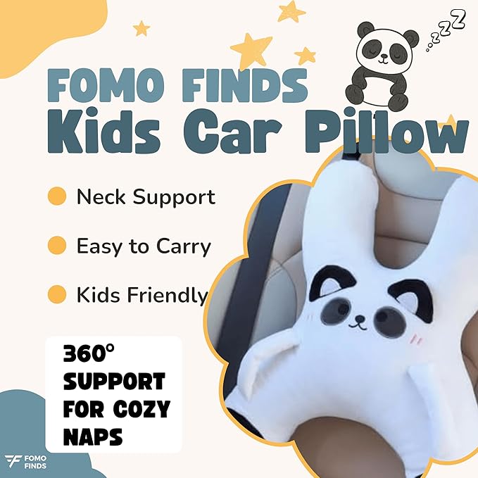 Kids Car Sleeping Pillow - X-Shaped Plush Animal for Neck & Back Support - Hands & Seat Belt Slot - Machine Washable & Compressible - Perfect for Car, Plane, Train, Boat & More - White