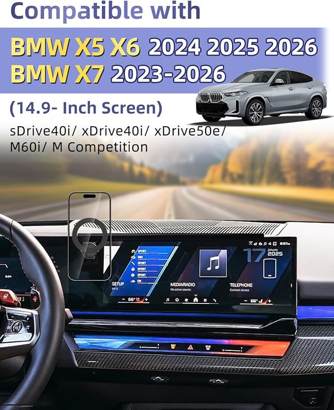 PZK Car Phone Mount for BMW X5 X6 2024 2025 2026 & BMW X7 2023-2026 Accessories Custom 14.9-inch Screen 360° Rotation Compatible with MagSafe Car Phone Holder with Storage Box Not Affect Air Vent