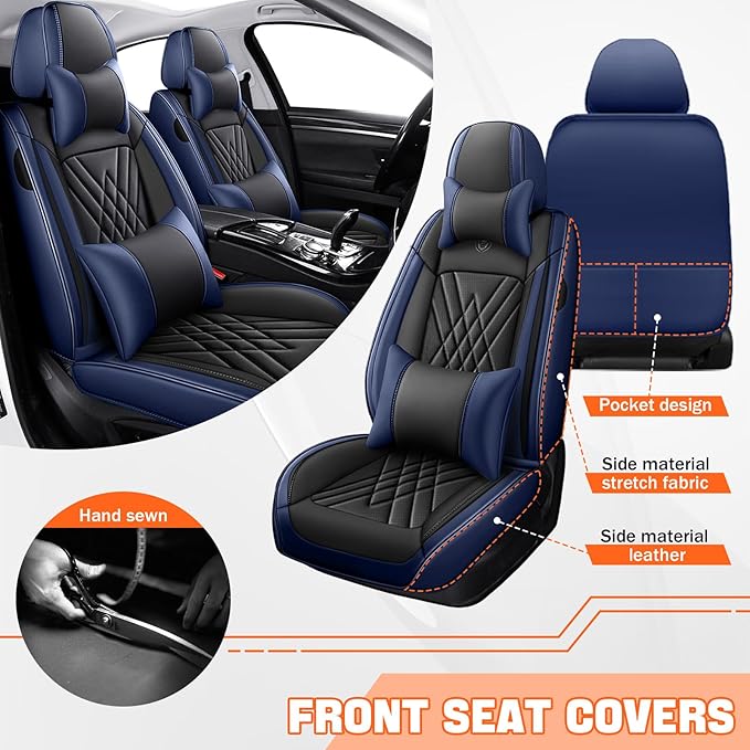 Car Seat Covers Compatible with Toyota Camry 2012-2026 Durable Waterproof Automotive Seat Covers Stretchable Fabric Material,Airbag Compatibility,Premium Nappa Leather(Black Blue,Full Set with Pillow)