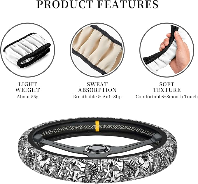 Hawaiian Polynesian Tribal Tatoo Car Steering Wheel Cover for Women Men 14-15 Inch Stretch Cloth Anti-Slip Wrap Protector Case Fit Universal Auto Accessories Decor Sweat Absorption