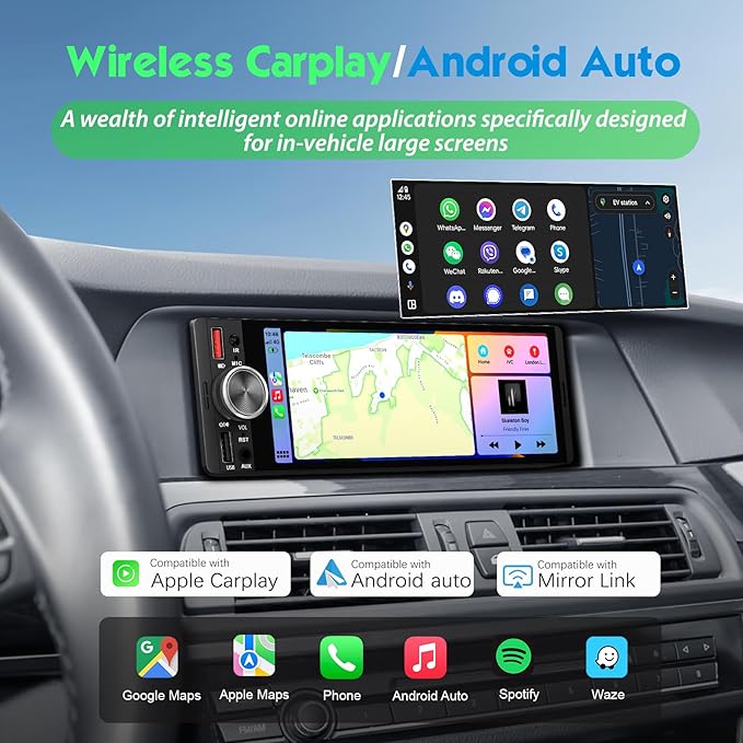 [in‑Cell Touchscreen] 6.36" Single Din Car Stereo with Wireless/Wired CarPlay & Android Auto, 240W DSP Powerful Sound with EQ, MirrorLink, Bluetooth Hands‑Free, 12‑LED Backup Camera, AM/FM Radio