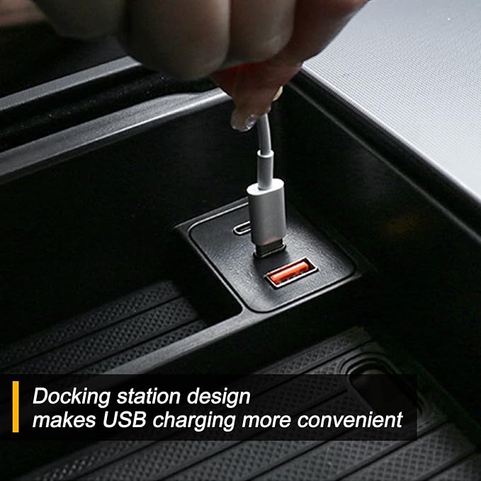 HANSSHOW Center Console Organizer for Juniper Armrest Storage Box with USB Charge Docking Station for Tesla Model 3 Highland & Model Y Juniper(2025.03+)