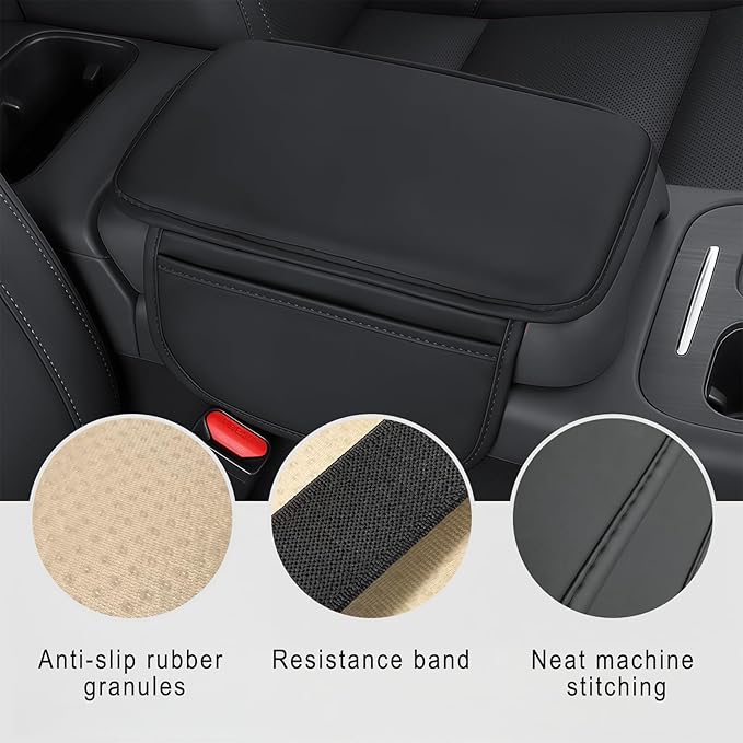 Car Center Console Cover, Leather Arm Rest Cover for Car, Middle Console Cushion with 2 Storage Bags, Universal Auto Interior Accessories for Most Trucks SUVs Sedans (Black)