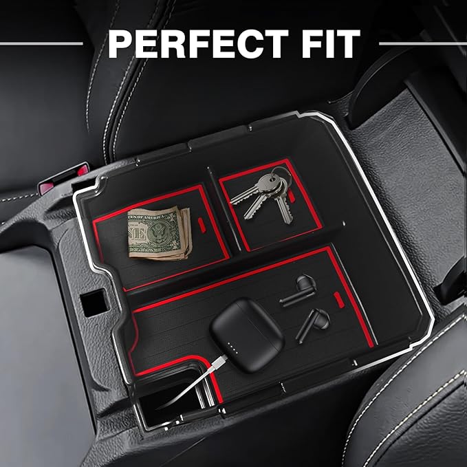 Muslogy Center Console Organizer Compatible with Ford Ranger 2024 2025 2026 & Raptor Accessories Two-Layer Storage Box Insert Tray Secondary Storage Divider Armrest Tray ABS Material Glove Box (Red)