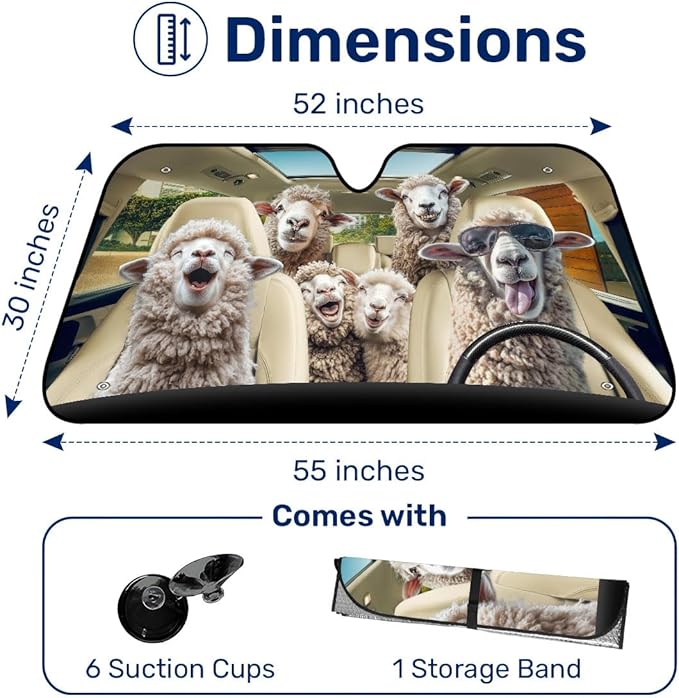 GENANY Sheep Family Windshield Sun Shade for Car SUV Truck (55x30 Inches), Sun Shade Windshield, Shades for Front Windows, Protector Blocks UV, Auto Gift, Spring Car Decor