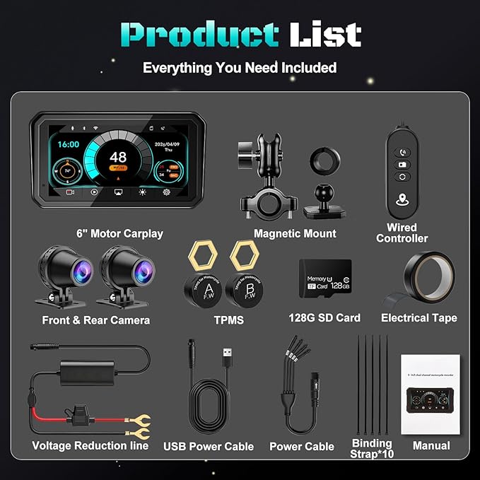 2026 LBW 6" Portable Motorcycle CarPlay GPS(Includes 128G SD), with Wireless Android Auto, Dual 2K Dash Cam/Recorder, Navigation, HD Waterproof Touchscreen, Quick-Release Magnetic Bracket, TPMS, BT