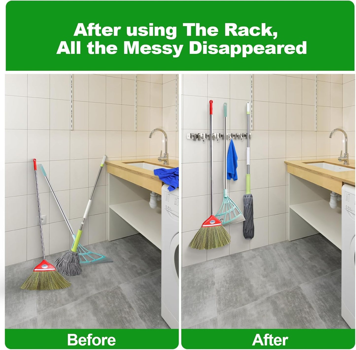 voze 5 Racks and 4 Hooks Mop and Broom Holder Wall Mount, Self Adhesive Heavy Duty Broom Hanger Organizer Storage Tool Racks for Kitchen Garden Laundry Garage