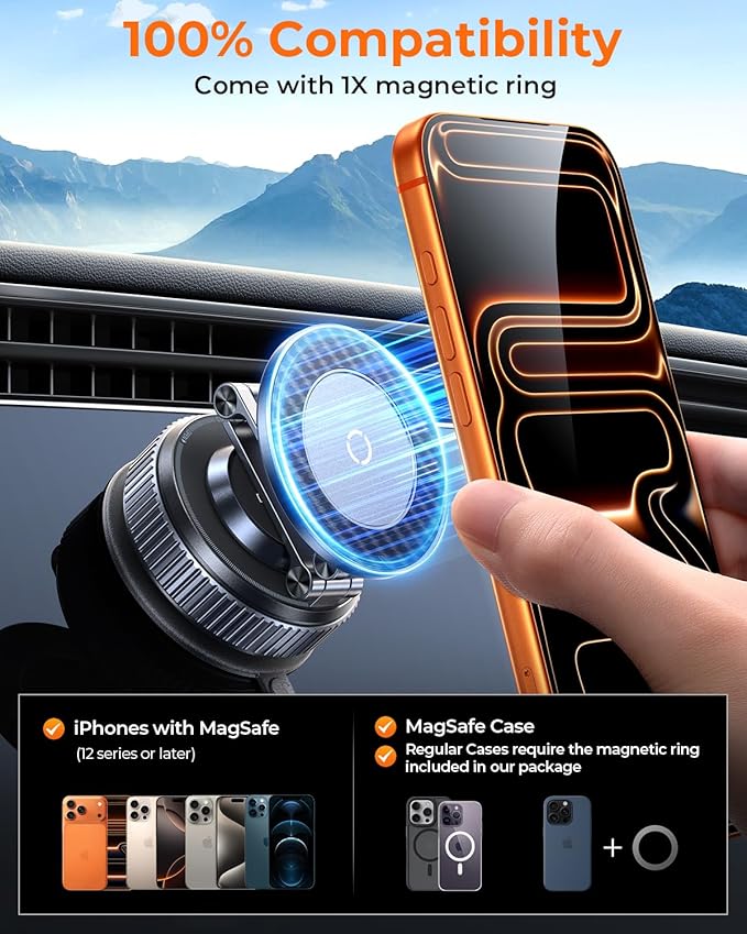 2026 Upgraded 360°Rotation Nano Gel Suction Phone Holder, Foldable Metal Vacuum Magnetic Phone Holder [119+LBS Max Suction] Tesla model Y/3 MagSafe car Phone Mount for iPhone 17 16 Pro Max S26 Ultra