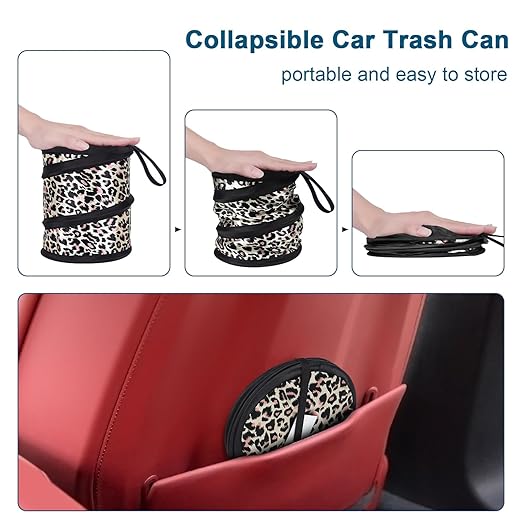 Car Trash Can, 2 Packs Mini Collapsible Car Trash Bin for Front Back Seat, Pop up Car Garbage Can, Portable Car Trash Bag Hanging for Vehicle SUV Rv Truck Accessories Interior, Leopard Print