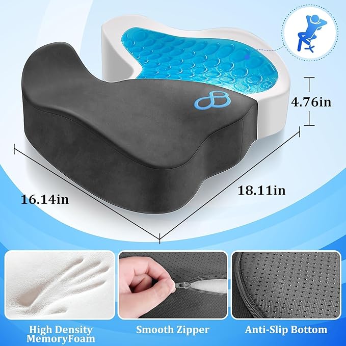 Seat Cushion, Gel Chair Cushions, Office Chair Cushions, Anti-Slip Bottom & Removable Cover Tailbone Pain Relief Cushion, Memory Foam Seat Cushion for Office, Wheelchair, Car (Grey)