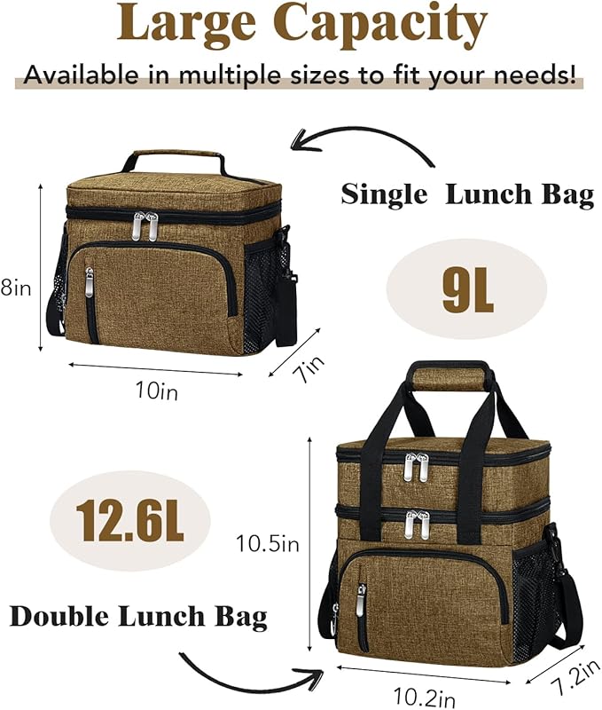 Insulated Lunch Bag for Men & Women, 9L Leakproof Lunch Box Soft Cooler Tote with 5 Pockets, 600D Oxford, EVA Lining, Adjustable Strap for Work, Picnic, Beach&Travel-Coffee