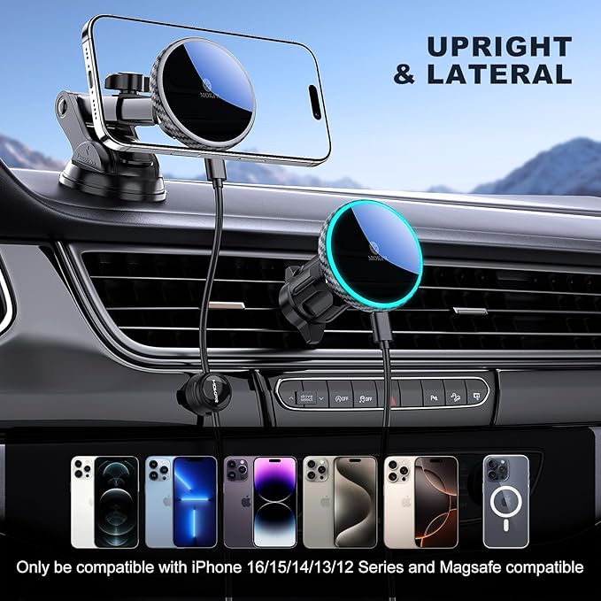 MOKPR Only for iPhone Magsafe Car Mount Charger, Magnetic Phone Holder for Your Car Charger Dash Windshield Vent Magnetic Wireless Car Charger Mount for iPhone 17 16 15 14 13 12 Carbon Firber