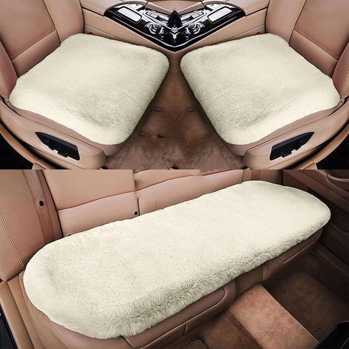 Plush Car Seat Cushion, Soft Warm Fuzzy Faux Rabbit Fur Fluffy Plush Auto Seat Cover Vehicle Car Front and Back Seat Protector Pad with Non-Slip Backing Cushion Interior Universal Fit (White,3PCS)