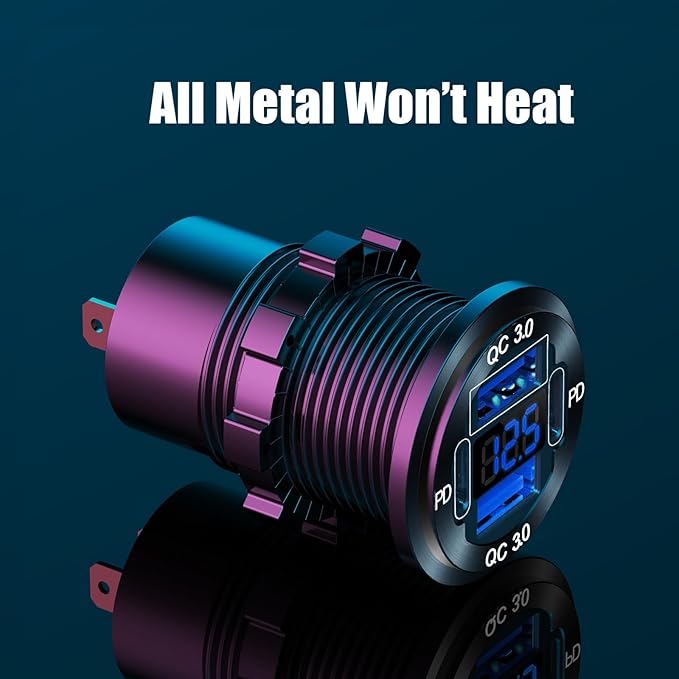 78W 12V USB Outlet 4 Port Car Charger Socket, Dual PD USB C and Dual Quick Charge 3.0 Port Aluminum Charger with Voltmeter DIY Kit Waterproof for Car Boat Marine Motorcycle RV ATV Truck Golf Cart, etc