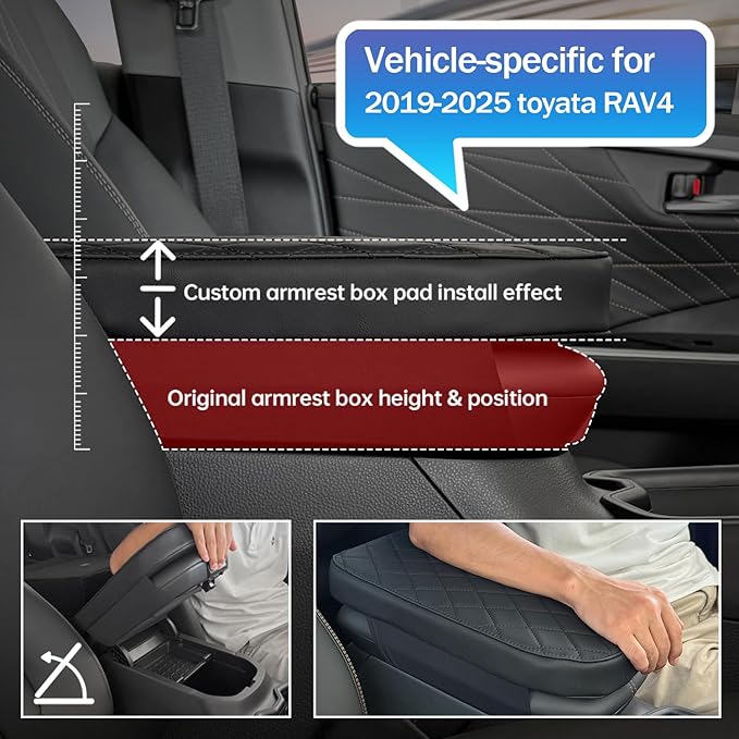 RAV4 Center Console Cover/Pad Fit 2019-2023 2024 2025,Faux Leather Toyota RAV4 Armrest mat,Posture Improving Support Cushion,Protector Console,Waterproof, Wear-Resistant,Flame-Retardant