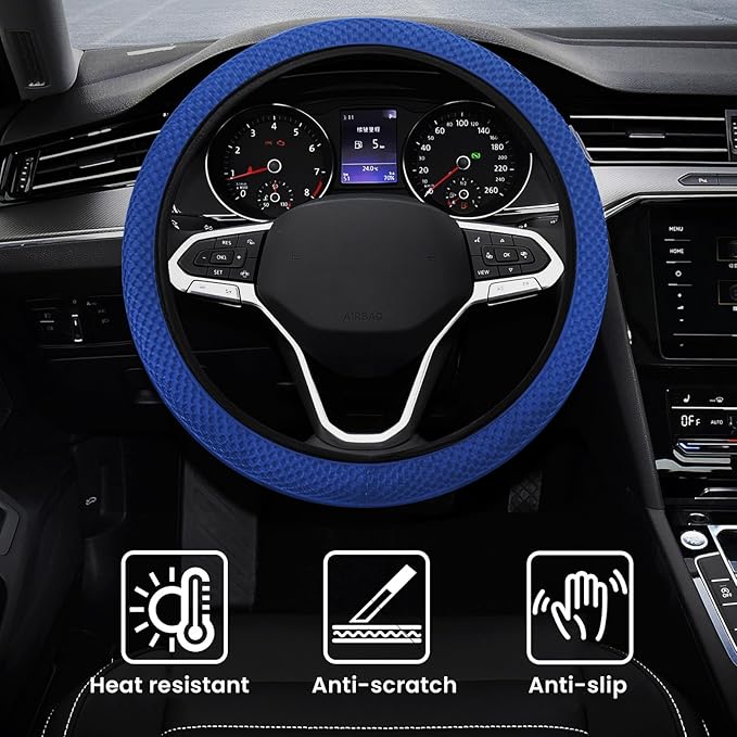 Elastic Stretch Car Steering Wheel Cover, Comfortable Steering Wheel Cover Universal for 14.5-15 Inch, Warm in Winter & Cool in Summer, Anti-Slip Breathable Ice Silk (Blue)