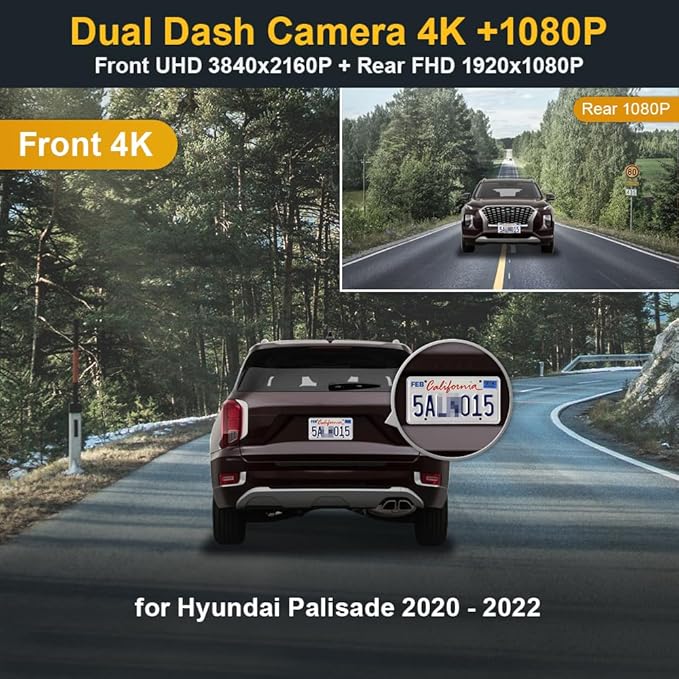 Fitcamx Front 4K+Rear 1080P Dash Cam Adapts for Hyundai Palisade 2020 2021 2022 Limited SE SEL Calligraphy (Part No#S8000), OEM Look, Dual Loop Recording, WiFi & APP, G-Sensor, Easy to Use, 128GB Card