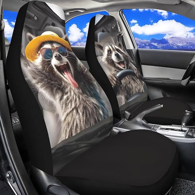 Funny Front Seat Covers for Cars Happy Raccoon Soft Bucket Seat Covers Scratchproof Premium Polyester Seat Covers for SUV Vans Sedans Trucks