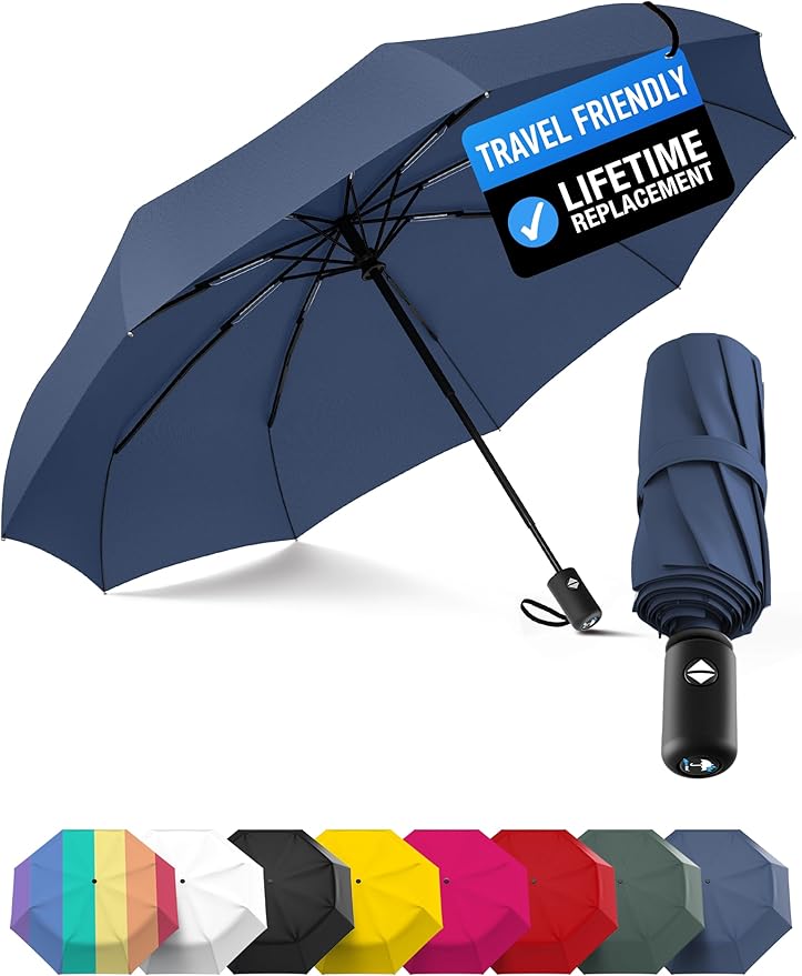 Rain-Mate Windproof Compact Umbrellas for Rain - Strong Reinforced Fiberglass Rib Design & Auto Open & Close - Portable Folding Travel Umbrella - Lightweight & Packable for Women & Men, Easy Collapse