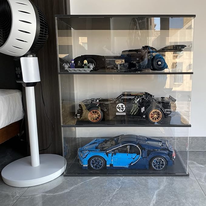 Choowin 2 Layer Acrylic Display Case for Lego Cars (McLaren P1, Ferrari SP3, Bugatti Chiron, Porsche 911, Lamborghini) & 1/8 Diecast Cars - Dustproof Assemble Display Case with Door (Black)
