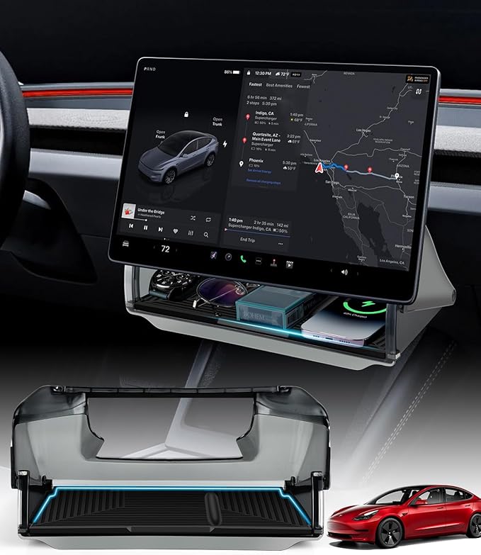 Hidden Under Screen Storage Box for 2016-2026 Tesla Model 3/Y & Model 3 Highland with Silicone Anti-Slip Mat Easy Install Hidden Design Center Console Organizer Tray