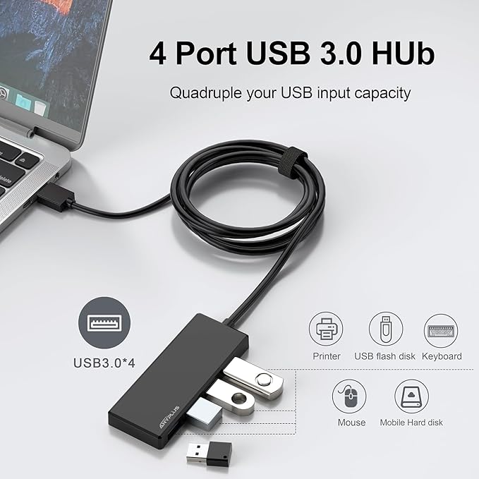 USB Hub, Multiport USB Splitter Adapter, 2 ft Long Cable USB 3.0 Hub, USB Extender for Laptop, PC, iMac, Surface Pro, MacBook, Mac Pro, Flash Drive, XPS, Mouse, HDD, Black, HJ-Black-0.5M-001