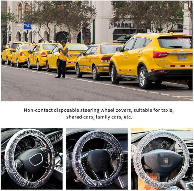 ICWEIMEI 500PCS Universal Disposable Steering Wheel Cover Plastic Transparent Car Steering Wheel Covers with Elastic Trims for Steering Wheels