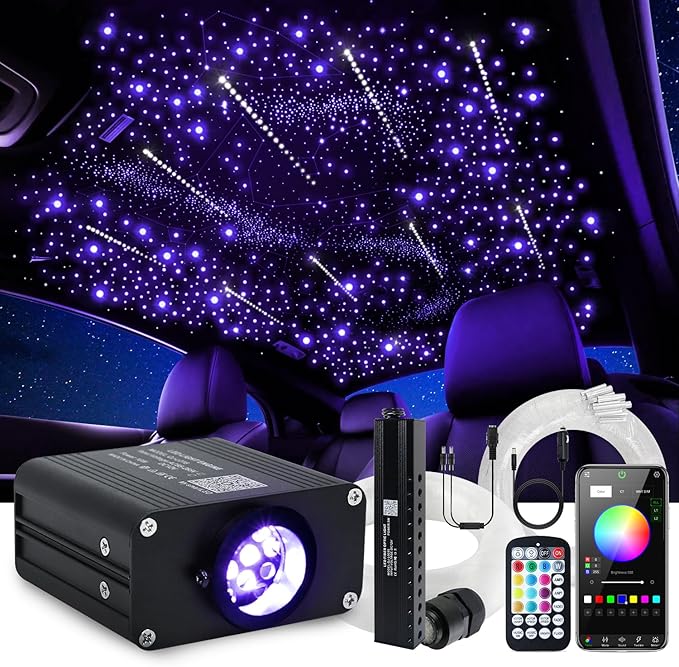 16W Car Home Starlight Headliner Kit, Twinkle & Sound Activate RGBW Fiber Optic Lights with APP & Remote Control, Shooting Star Lights for Ceiling Decoration, 500 pcs 9.8ft