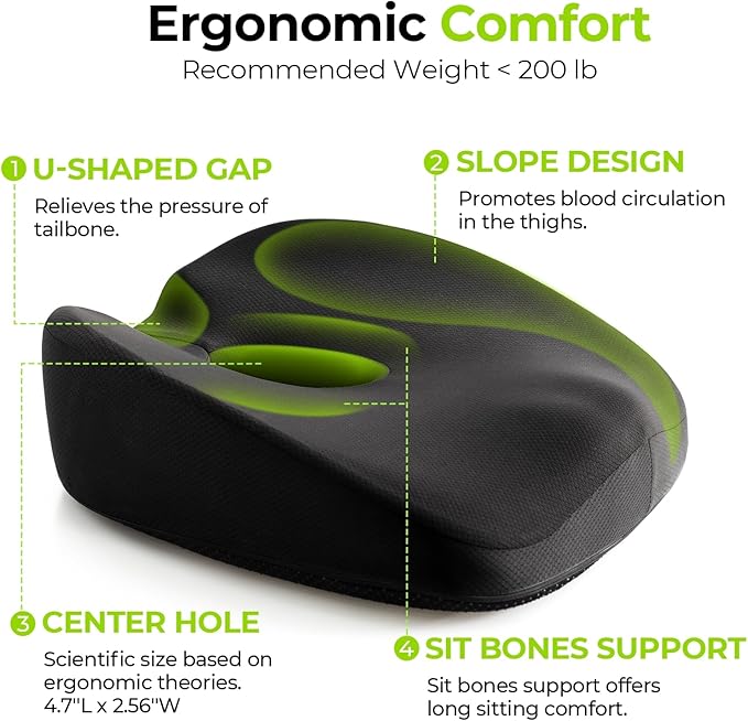 AUVON Innovative Donut Pillow Hemorrhoids Scientific Center Hole and Tailbone Cutout, Orthopedic Pain Relief Donut Seat Cushion for Coccyx, Sciatica, Postpartum Pregnancy, After Surgery Sitting Relief