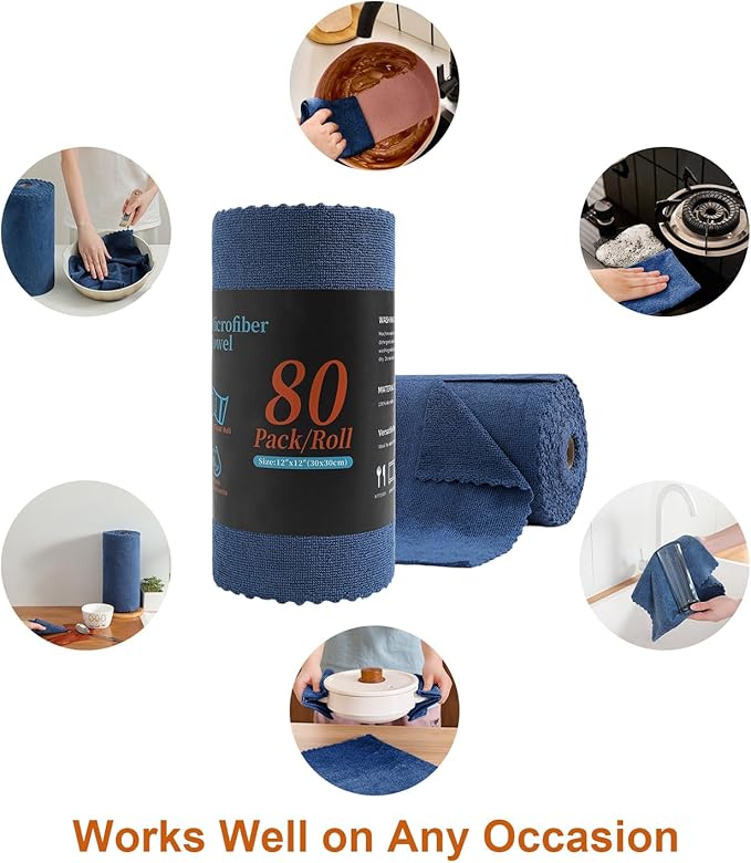 80 Pack Microfiber Cleaning Cloth Roll,Lint Free Rags & Tear Away Reusable Towels Washable Scratch,Ultra Absorbent Dish Rags(12" x 12") for Car Kitchen Home Garage-Navy Blue