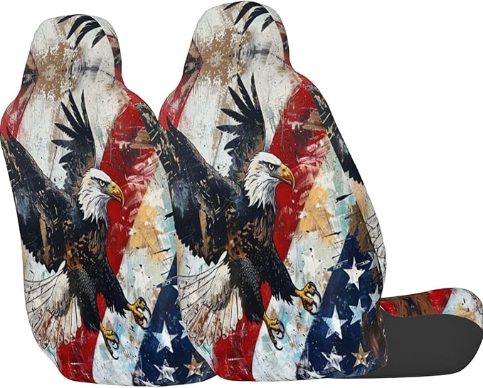 Delerain Car Seat Covers Set 2Pcs, Flying American Flag with Eagle Universal Front Car Seats Vehicle Enterior Protector Suitable Fits Most Car Auto SUV Sedan Truck