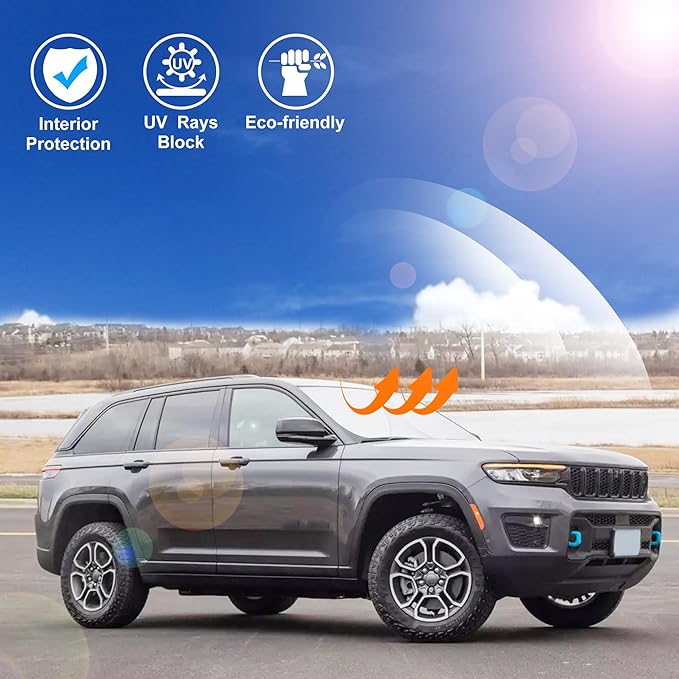 Windshield Sun Shade Custom Fit for 2022 2023 2024 2025 2026 Jeep Grand Cherokee 4XE Accessories Foldable Window Sunshade Protect Car from Sun Rays & Heat Damage Keeps Car Cooler