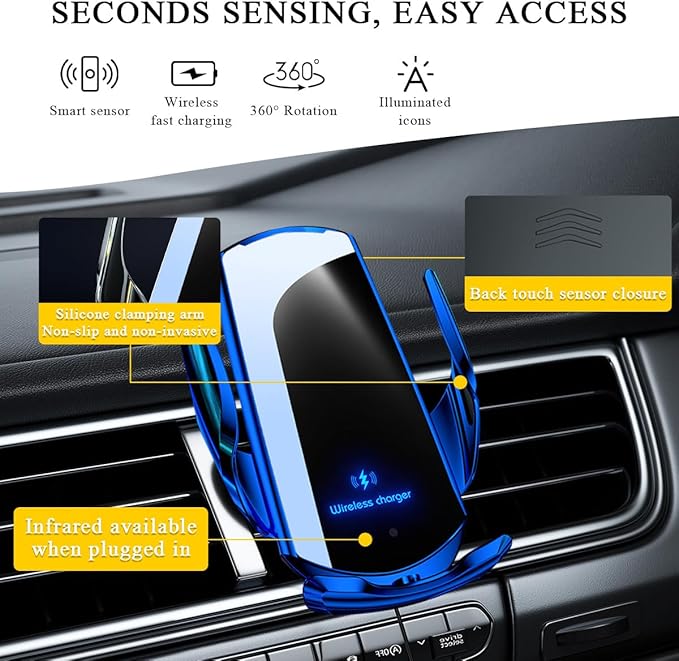 Ohleats Wireless Car Charger Mount, 15W Automotive Electric Wireless Charger Holder, Car Air Vent Mount Bracket Fast Charging for Most Smartphone, Universal Car Accessories (Blue)