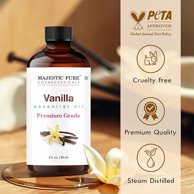 Majestic Pure Essential Oil with Glass Dropper - 100% Pure and Natural - Essential Oils for Diffuser, Aromatherapy, Soap and Candle Making, Vanilla Essential Oil, Vanilla Oil, 2 Fl Oz