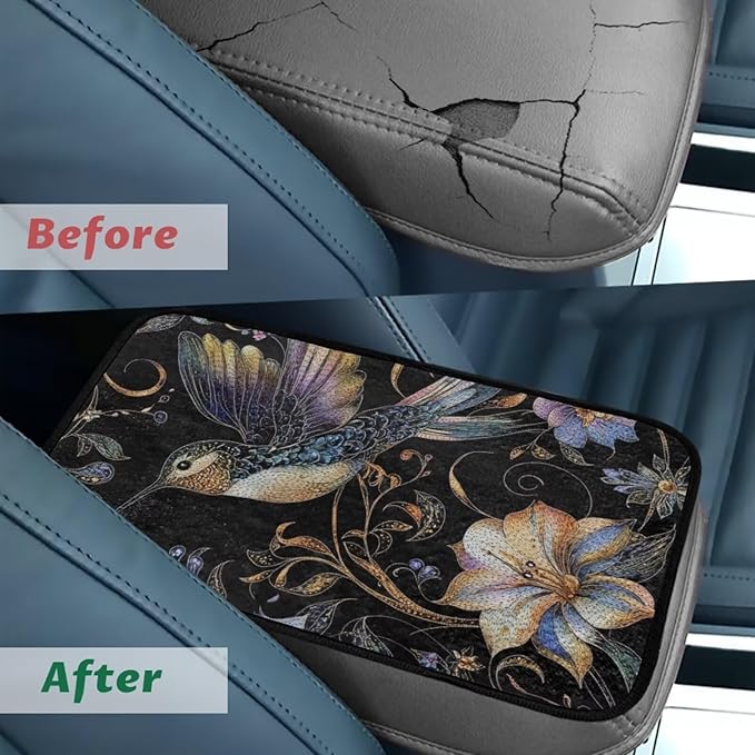 Hummingbird Floral Armrest Cover Car Warm Non-Slip Middle Console Covers Comfortable Elastic Middle Console Lid Cover Pad Protector Elbow Compatible with Cars,SUV,Trucks