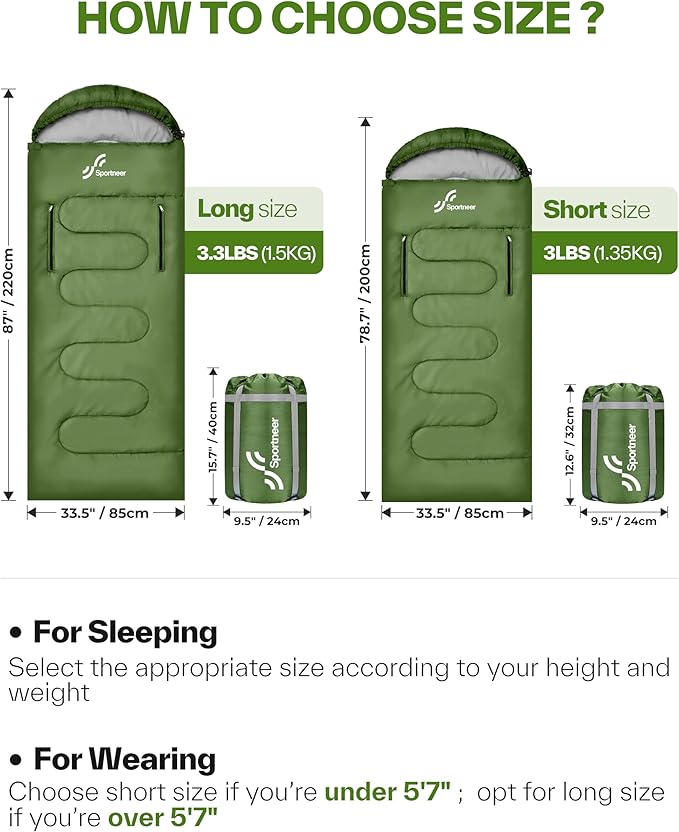 Sportneer Wearable Sleeping Bag for Adults & Kids – Walkable with Arm Zippers, Warm Weather & Cold Waterproof, Compact for Camping, Stadiums, Travel, Backpacking & Car Use