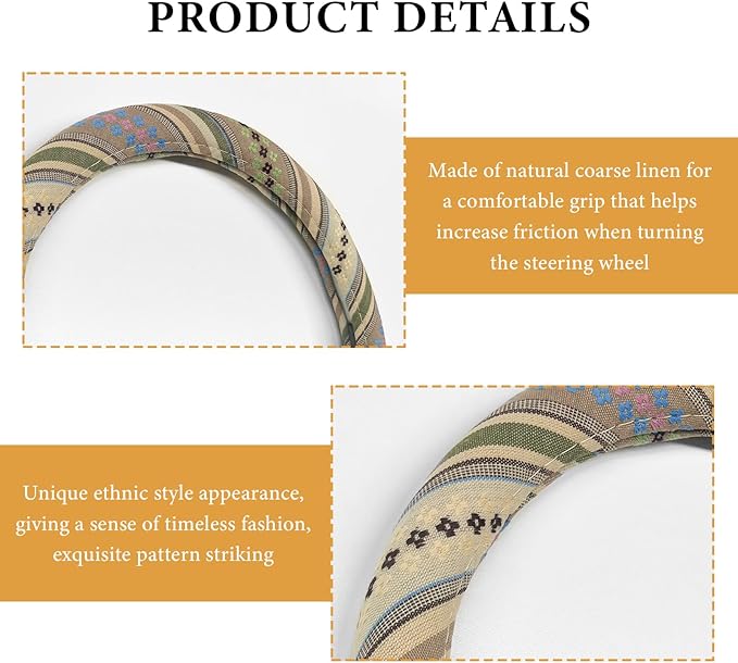 Boho Steering Wheel Cover, 15 Inch Coarse Flax Cloth Ethnic Style Anti-Slip Car Wheel Wrap, Universal Breathable Bohemian Steering Wheel Protector for Cars Vans Trucks (G)