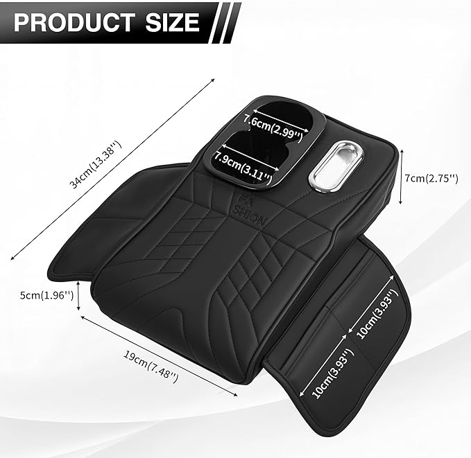 Center Console Cover, Car Armrest Cushion with Cup Holder&Tissue Box, 2 Side Storage Box, Car Armrest Storage Box Interior Accessories (Black)