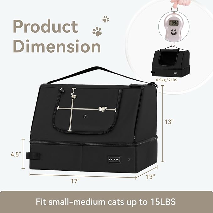 PETSFIT Portable Travel Cat Litter Box – Collapsible, 2-Layer Leak-Proof Washable Liner with Sturdy Support Frame, for Hotel/Car/Camping, Cat Travel Essentials for Kitty/Medium Cats Solid Black