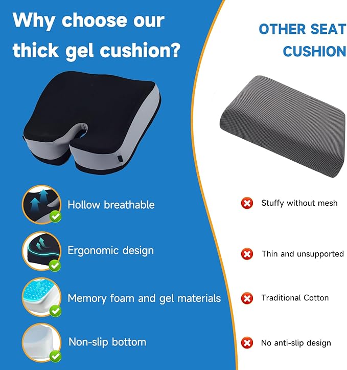 Seat Cushions for Office Chairs Wheelchair Cushion for Long Sitting Back Pain，Memory Foam Seat Car Computer Desk Chair Cushion，Coccyx Cushion for Tailbone Pain Relief Cushion Office Chair Black White